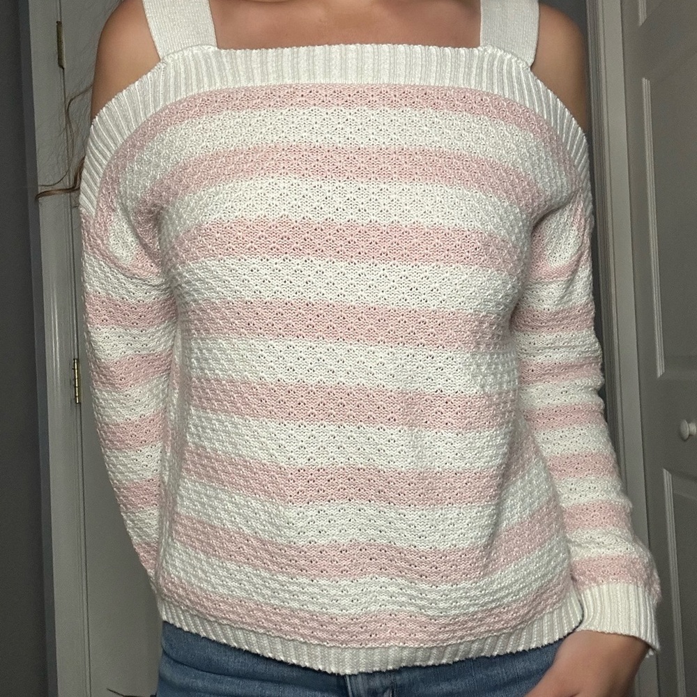 Heritage Pink and White Off-the-Shoulder Sweater